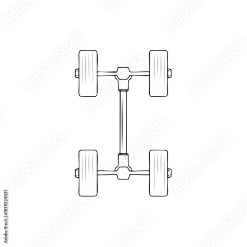 Simple Four Wheel Drive Axle and Suspension Black Outline on White Background