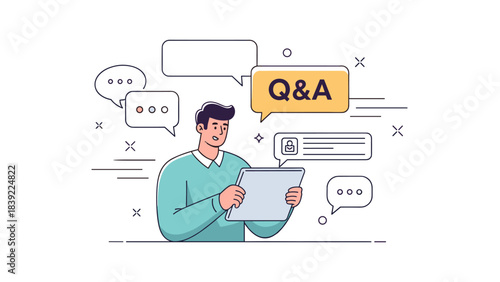 Young caucasian male engaging in online q&a session with tablet and speech bubbles