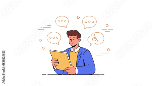 Young caucasian man with text bubbles holding folder in discussion concept art