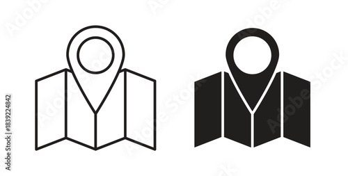 Map icons in line designs. solid silhouette style in black