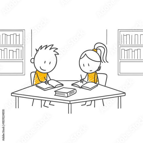 Two Students Concentrating In The Library For A Challenging Exam Period Exchanging Knowledge And Reviewing Topics.