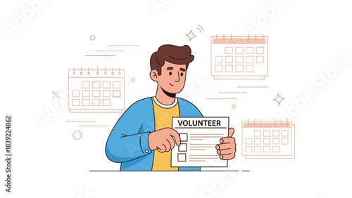 Young caucasian male holding volunteer form with calendars in background