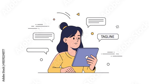 Young asian female engaging with digital tablet in interactive graphic environment