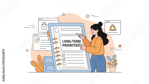 Asian female adult creating long-term priorities on digital planner
