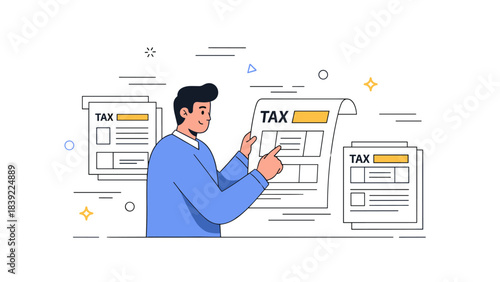 Young hispanic male analyzing tax documents with growth charts in background