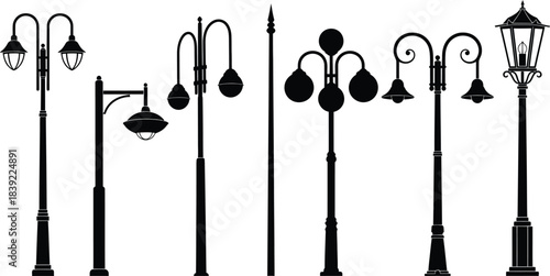 Collection of vintage street lamps in black and white silhouette style