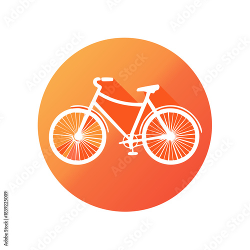 Single White Bicycle Icon on Orange Gradient Circle. Illustration with long shadow effect.