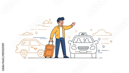 Young hispanic male hailing taxi with luggage outdoors