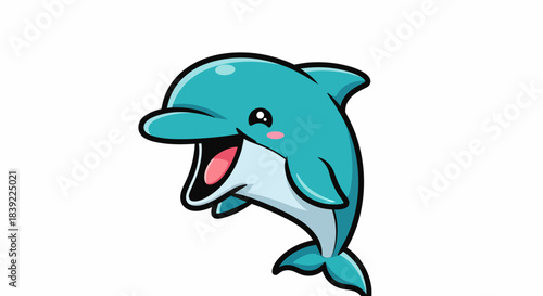 Cartoon dolphin with a happy expression jumping in the air, smiling widely.