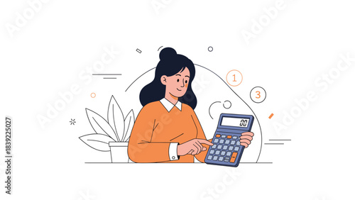 Asian female accountant using calculator in office setting with plant