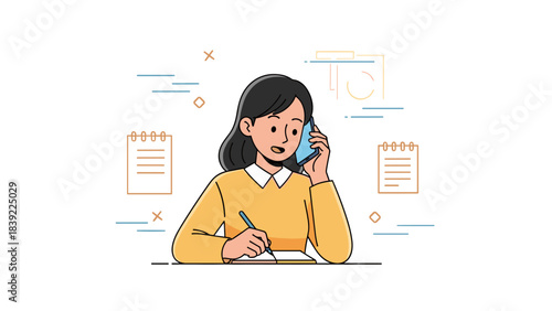 Young asian female taking notes while talking on smartphone