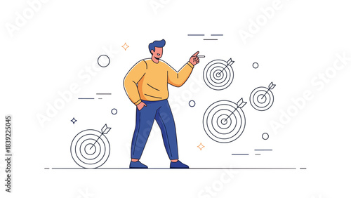 Young caucasian male pointing at target with aim and confidence