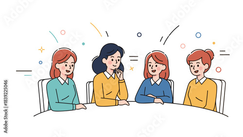 Four women discussing ideas around a table with joyful expressions