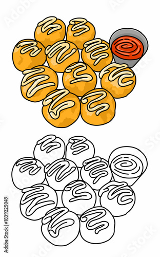 a drawing of a plate of mayonaise chesse ball and a bowl of ketchup
