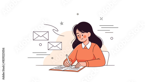 Asian young female writing at desk with envelopes and lines illustrating ideas