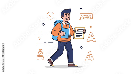 Young caucasian male student walking with books and education icons