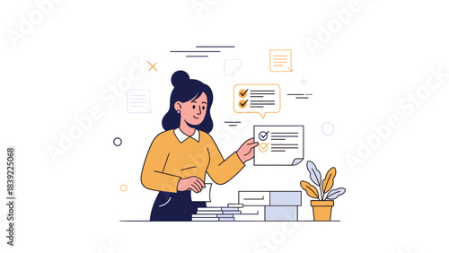 Female adult caucasian office worker organizing documents in a modern workspace