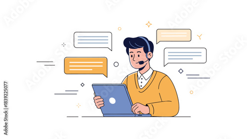 Male customer support representative using laptop with communication icons in background