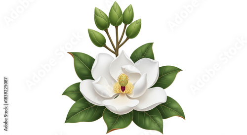 Detailed White Magnolia Flower Bloom and Green Buds Isolated Botanical Illustration