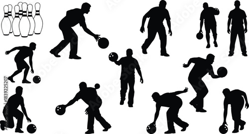 Set of bowling player silhouettes, dynamic figures throwing ball in various action poses, with pins, black and white vector illustration