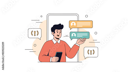 Young caucasian male engaging in online chatting via smartphone