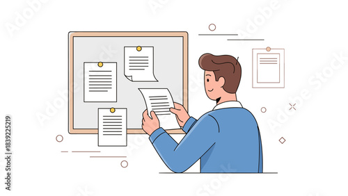 Caucasian adult male reviewing documents on bulletin board
