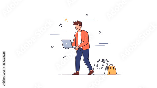 Young caucasian male shopping online with laptop and bags