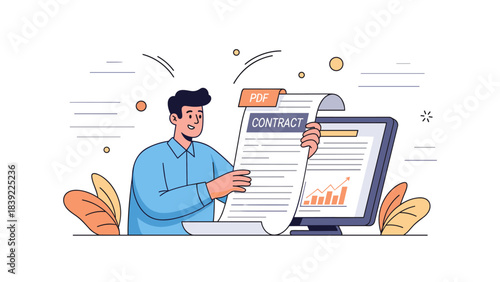 Young male reviewing pdf contract on computer: digital document analysis