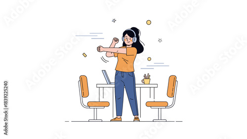 Young asian female relaxing at desk with music and stretching exercise