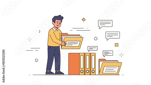 Young asian male organizing files and folders in office setting with speech bubbles and lines