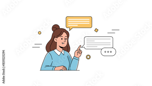 Young caucasian female engaging in conversation with speech bubbles