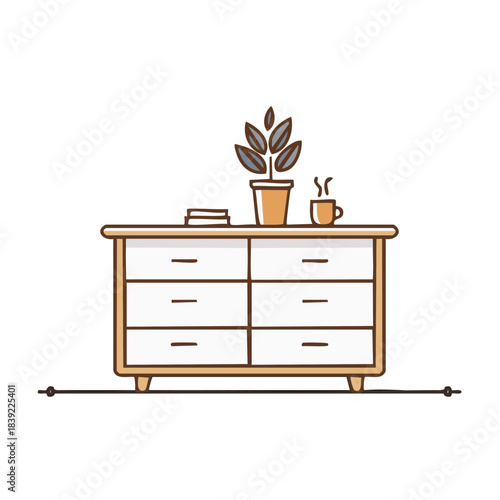 Chest of drawers with six drawers, potted plant, books and a hot cup, simple illustration