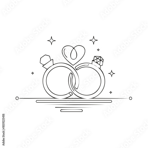 Rings wedding linked with love, diamond jewel engagement rings, outline style concept for cards, invitations, posters and other users.