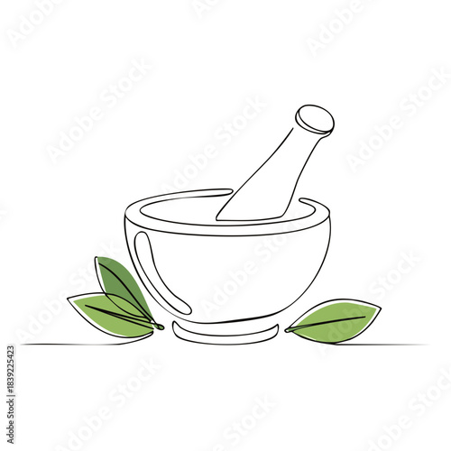 Mortar and pestle outline drawing with green leaves for natural medicine concepts or herbal remedy preparation