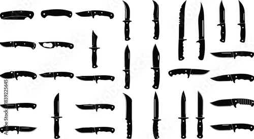 Black and White Silhouettes of 30 Tactical and Military Knives, Daggers, and Folding Blades in Flat Vector Illustration Style for Survival and Combat Design