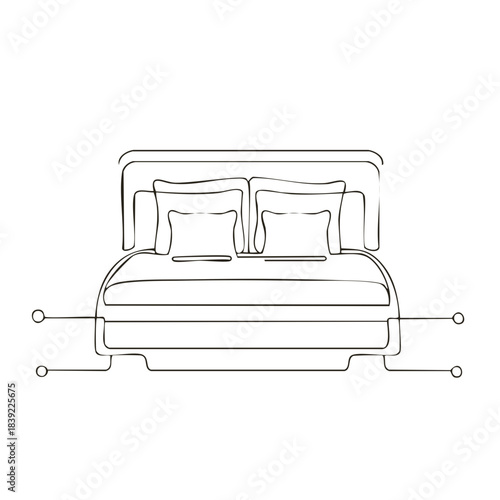 Elegant bedroom interior illustration: A modern bed with cushions in a minimalist line art style for home decoration and design projects