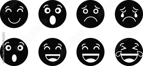 Collection of simple black and white cartoon faces displaying various emotions