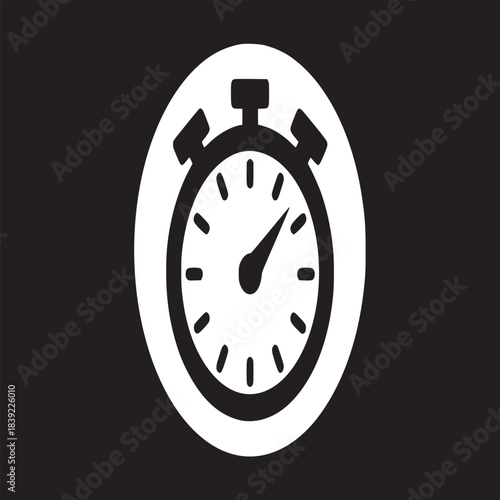 A simple black and white image of a stopwatch icon on a white circle against a black background