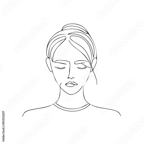 Woman portrait line art. Minimalist fashion illustration of female face, with eyes closed and hair up.