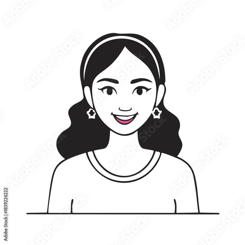 Portrait of a smiling young woman with wavy hair wearing star shaped earrings and a white t-shirt