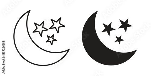 Moon stars icons in line designs. solid silhouette style in black