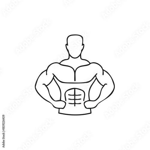 Line art of bodybuilder with muscular physique, fitness icon, exercise motivation.