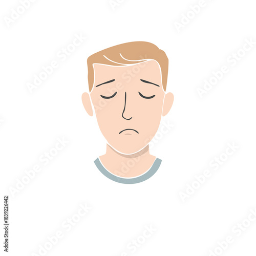 Illustration of a Sad Young Man with Downcast Eyes Feeling Depressed or Unhappy