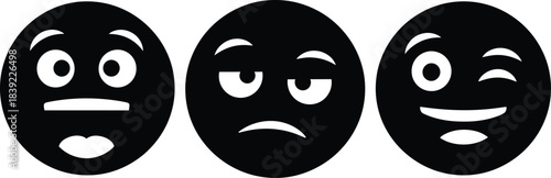 Three black and white stylized faces depicting different emotional expressions
