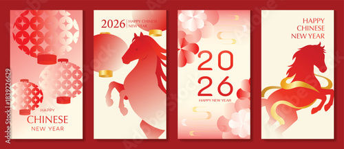 Chinese New Year 2026 horse vector greeting card illustration with red lanterns golden ribbons and floral gradient background. Festive lunar new year design for invitation poster banner decoration.