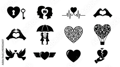Black and White Valentine's Day Icons Including Hearts Couples and Love Symbols Keywords: love, heart, couple, valentine