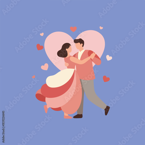A cute illustration shows a faceless couple dancing romantically amidst pink and red hearts on a soft blue background.