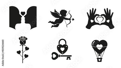 Black Silhouette Icons for Valentines Day with Couple Cupid Rose and Heart love romance