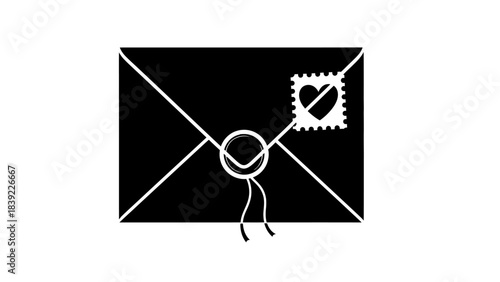 Black envelope with white heart stamp and string closure Keywords: envelope, letter, mail, message, love, heart, stamp
