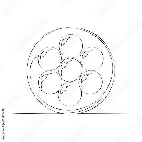 Dumplings served on a plate, black line art illustration of a traditional cuisine